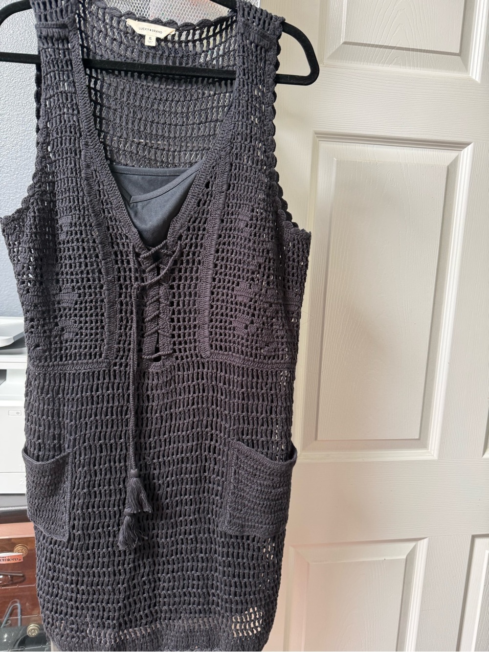 Lucky Brand Black Crochet Tunic with Tassel Tie